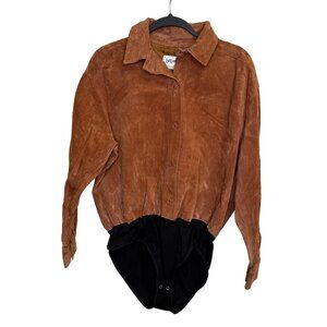 Vintage Bagatelle Womens Brown Suede Leather Button-Up Bodysuit Shirt Size Large